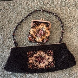 Vintage beaded bag and coin purse black and tapestry